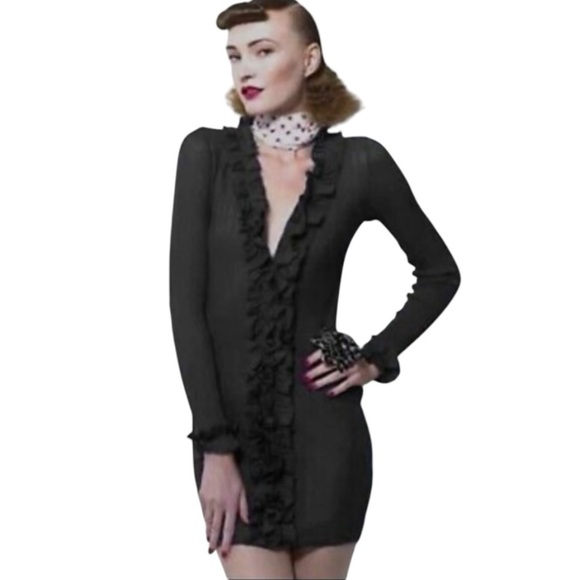 Anne Fontaine Charcoal Gray Wool Ruffle Accent Button Front Sweater Dress US 10 - Picture 1 of 9